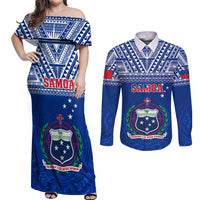 Custom Samoa Rugby Couples Matching Off Shoulder Maxi Dress and Long Sleeve Button Shirts Manu Samoa Polynesian Tatoo Pattern LT01 Blue - Polynesian Pride
