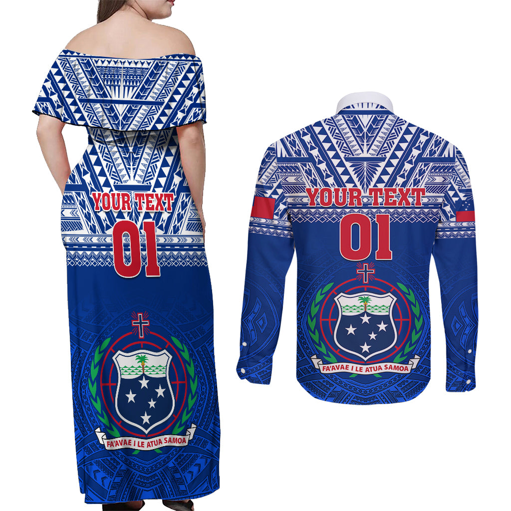 Custom Samoa Rugby Couples Matching Off Shoulder Maxi Dress and Long Sleeve Button Shirts Manu Samoa Polynesian Tatoo Pattern LT01 - Polynesian Pride
