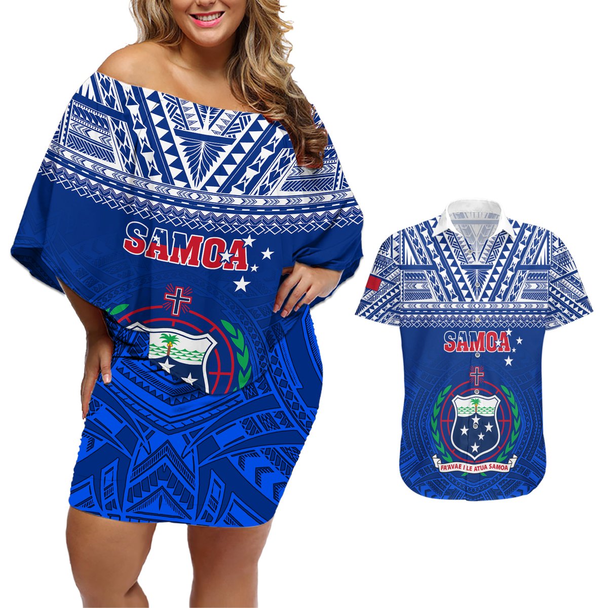 Custom Samoa Rugby Couples Matching Off Shoulder Short Dress and Hawaiian Shirt Manu Samoa Polynesian Tatoo Pattern LT01 Blue - Polynesian Pride