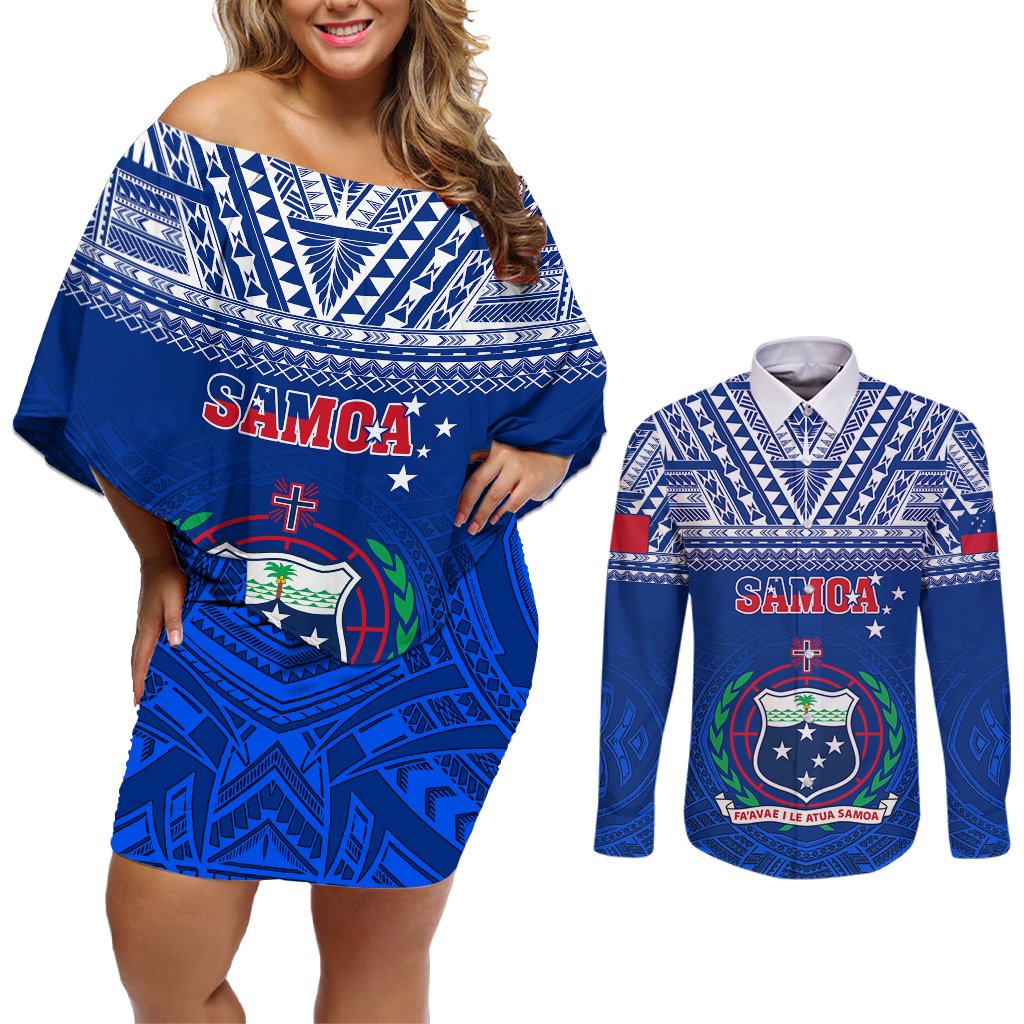 Custom Samoa Rugby Couples Matching Off Shoulder Short Dress and Long Sleeve Button Shirts Manu Samoa Polynesian Tatoo Pattern LT01 Blue - Polynesian Pride