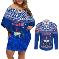 Custom Samoa Rugby Couples Matching Off Shoulder Short Dress and Long Sleeve Button Shirts Manu Samoa Polynesian Tatoo Pattern LT01 Blue - Polynesian Pride