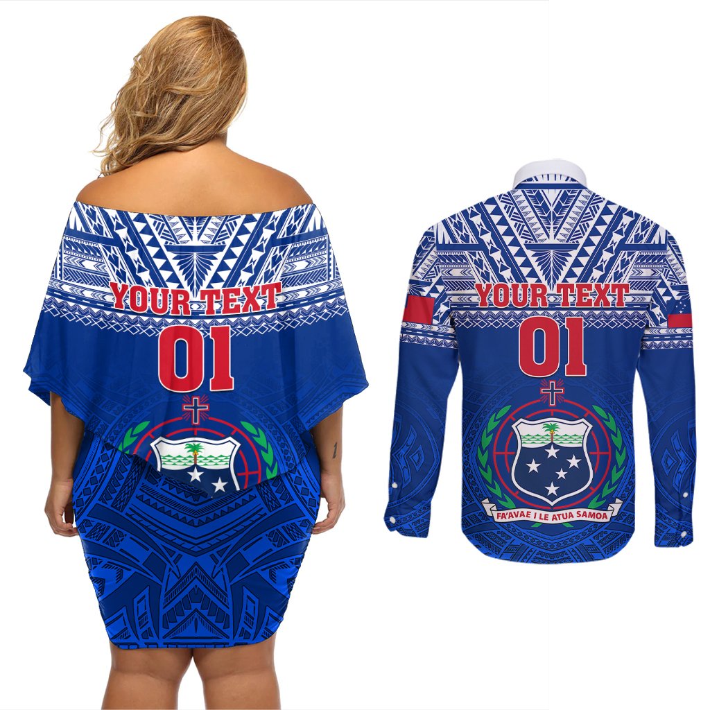 Custom Samoa Rugby Couples Matching Off Shoulder Short Dress and Long Sleeve Button Shirts Manu Samoa Polynesian Tatoo Pattern LT01 - Polynesian Pride