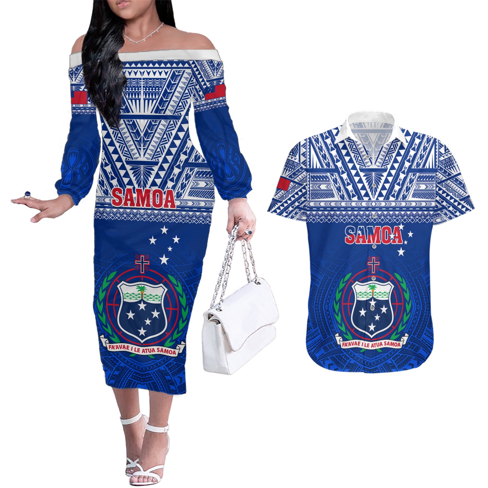 Custom Samoa Rugby Couples Matching Off The Shoulder Long Sleeve Dress and Hawaiian Shirt Manu Samoa Polynesian Tatoo Pattern LT01 Blue - Polynesian Pride