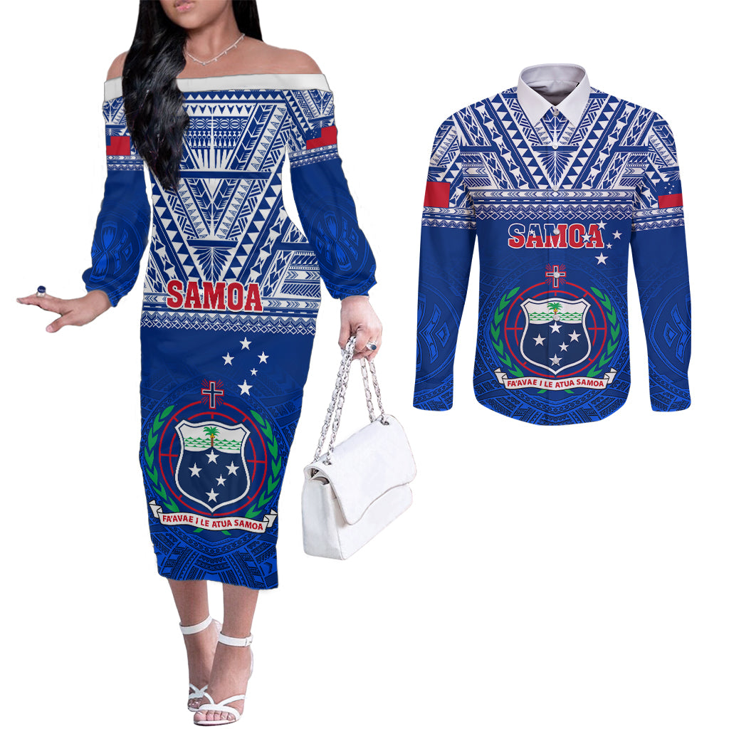 Custom Samoa Rugby Couples Matching Off The Shoulder Long Sleeve Dress and Long Sleeve Button Shirts Manu Samoa Polynesian Tatoo Pattern LT01 Blue - Polynesian Pride