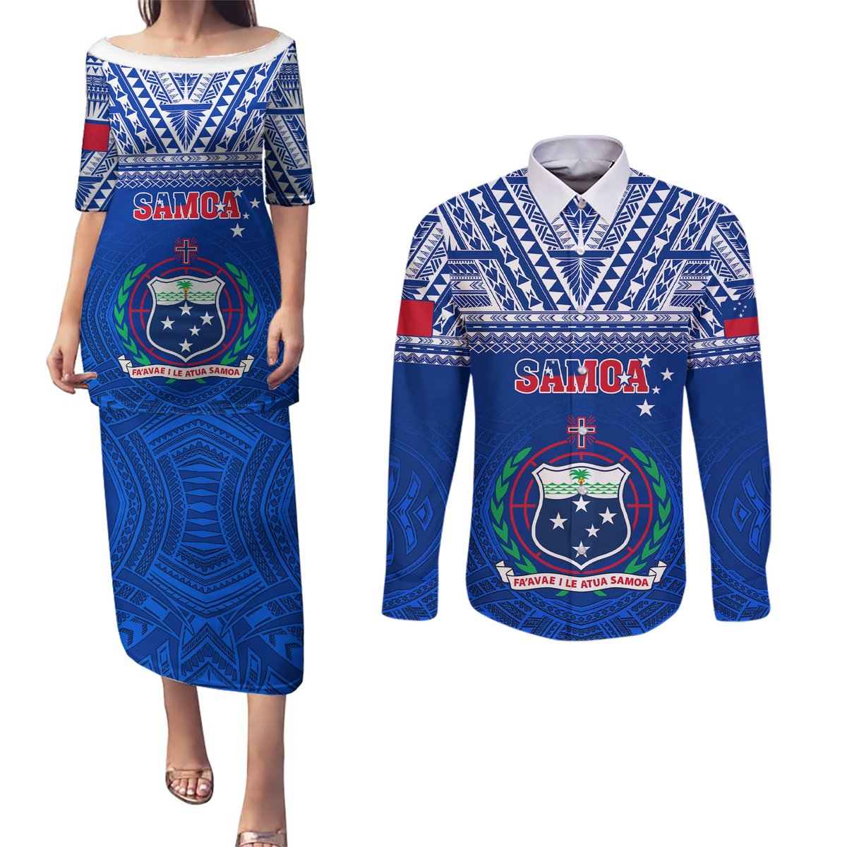 Custom Samoa Rugby Couples Matching Puletasi Dress and Long Sleeve Button Shirts Manu Samoa Polynesian Tatoo Pattern LT01 Blue - Polynesian Pride