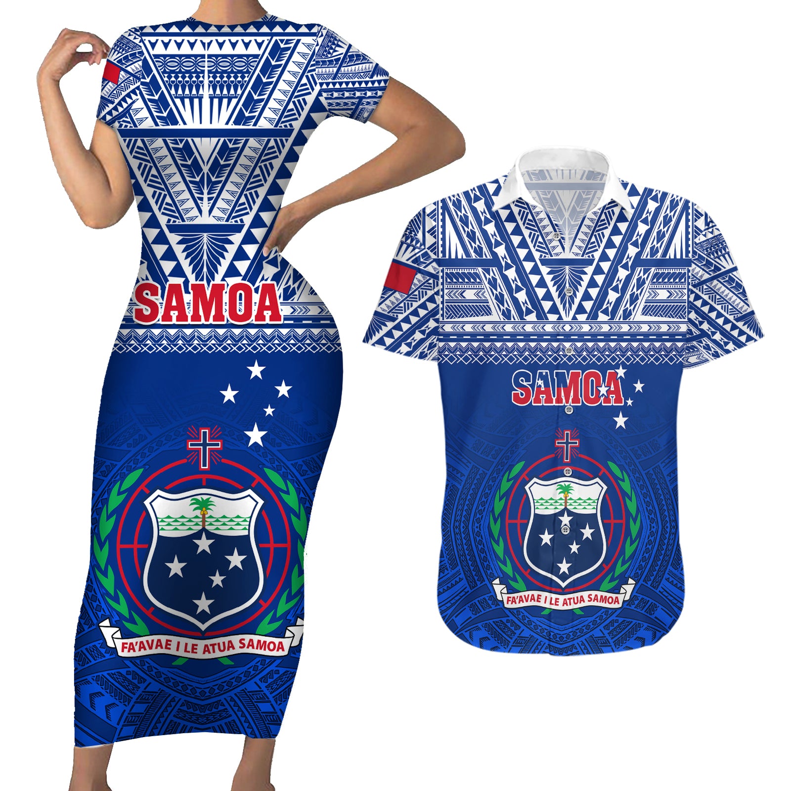Custom Samoa Rugby Couples Matching Short Sleeve Bodycon Dress and Hawaiian Shirt Manu Samoa Polynesian Tatoo Pattern LT01 Blue - Polynesian Pride