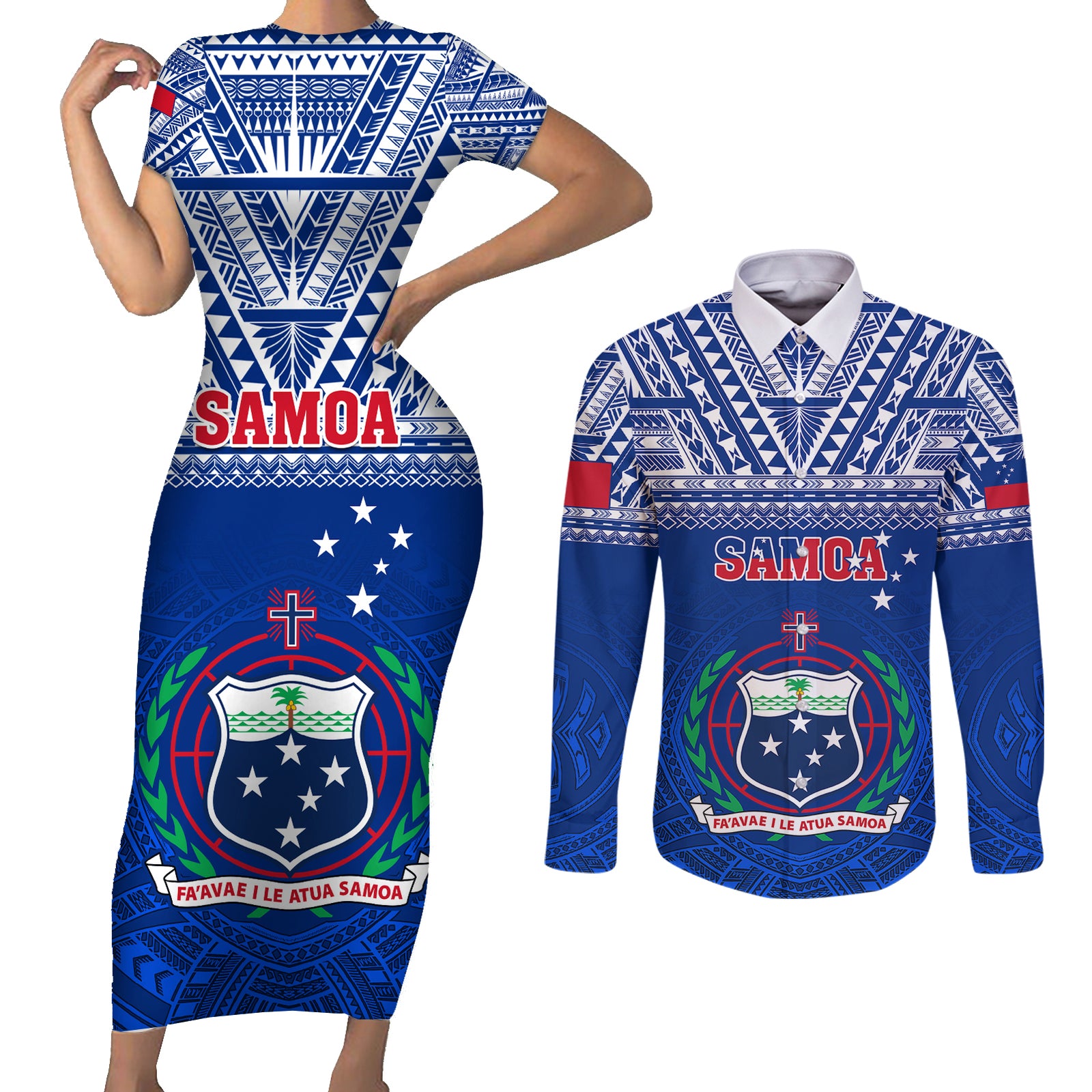Custom Samoa Rugby Couples Matching Short Sleeve Bodycon Dress and Long Sleeve Button Shirts Manu Samoa Polynesian Tatoo Pattern LT01 Blue - Polynesian Pride