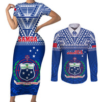 Custom Samoa Rugby Couples Matching Short Sleeve Bodycon Dress and Long Sleeve Button Shirts Manu Samoa Polynesian Tatoo Pattern LT01 Blue - Polynesian Pride
