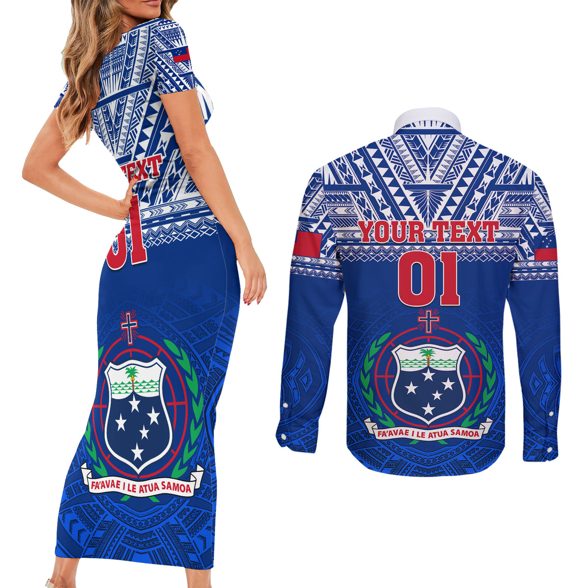 Custom Samoa Rugby Couples Matching Short Sleeve Bodycon Dress and Long Sleeve Button Shirts Manu Samoa Polynesian Tatoo Pattern LT01 - Polynesian Pride
