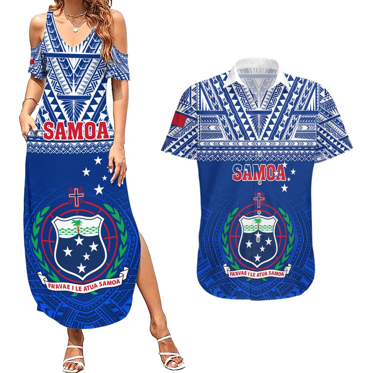 Custom Samoa Rugby Couples Matching Summer Maxi Dress and Hawaiian Shirt Manu Samoa Polynesian Tatoo Pattern LT01 Blue - Polynesian Pride