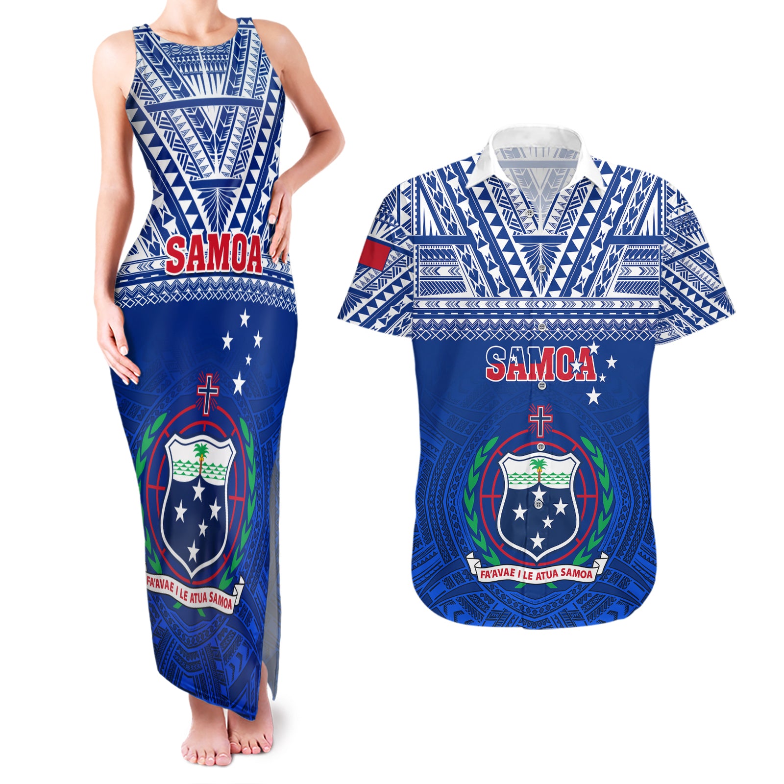 Custom Samoa Rugby Couples Matching Tank Maxi Dress and Hawaiian Shirt Manu Samoa Polynesian Tatoo Pattern LT01 Blue - Polynesian Pride