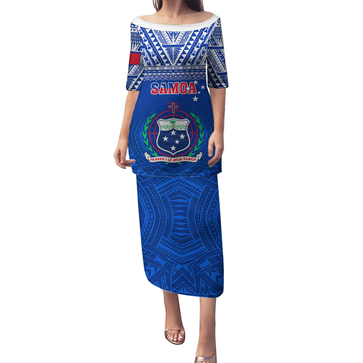 Custom Samoa Rugby Family Matching Puletasi Dress and Hawaiian Shirt Manu Samoa Polynesian Tatoo Pattern LT01 Mom's Dress Blue - Polynesian Pride