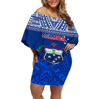 Custom Samoa Rugby Off Shoulder Short Dress Manu Samoa Polynesian Tatoo Pattern LT01 Women Blue - Polynesian Pride
