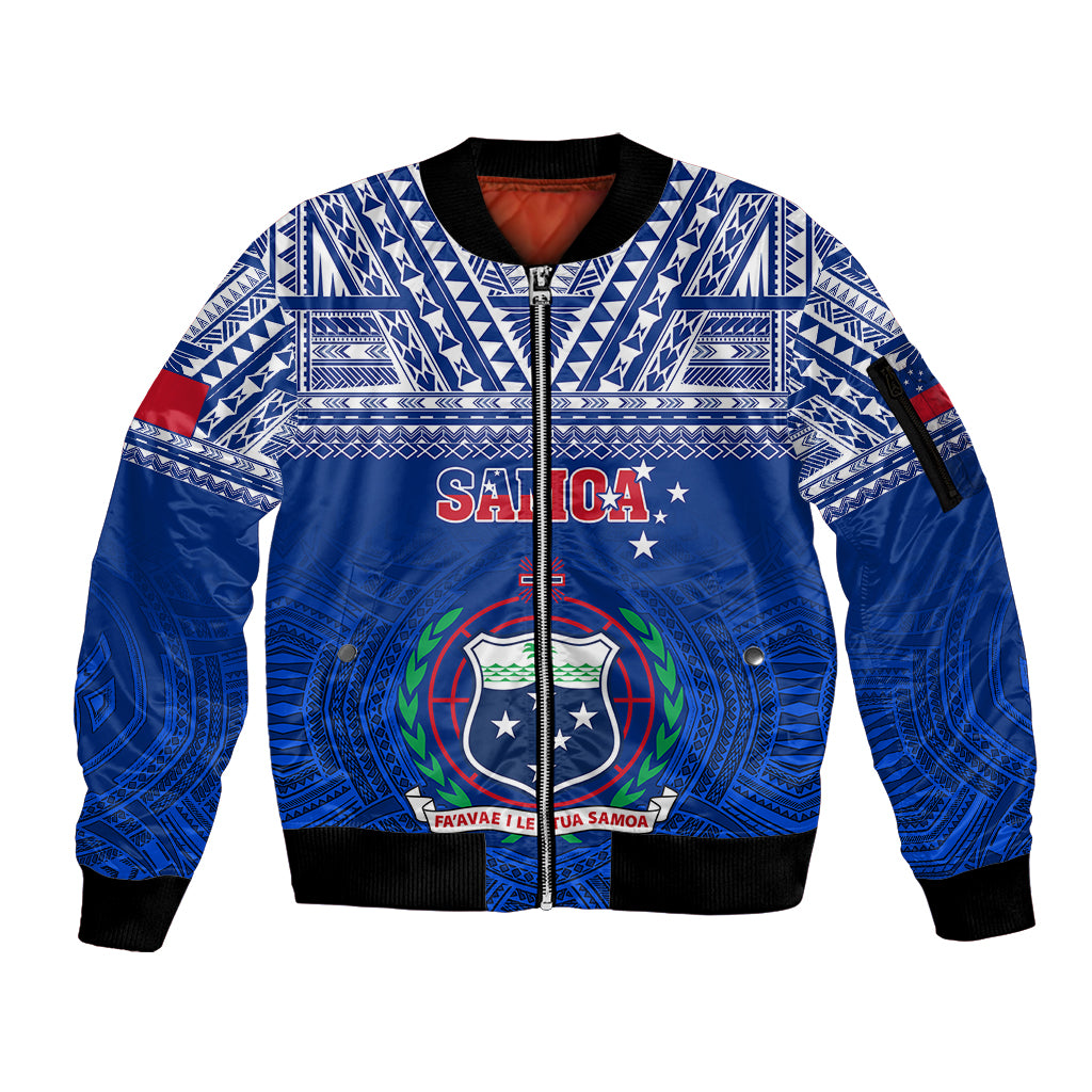 Custom Samoa Rugby Sleeve Zip Bomber Jacket Manu Samoa Polynesian Tatoo Pattern LT01 Unisex Blue - Polynesian Pride