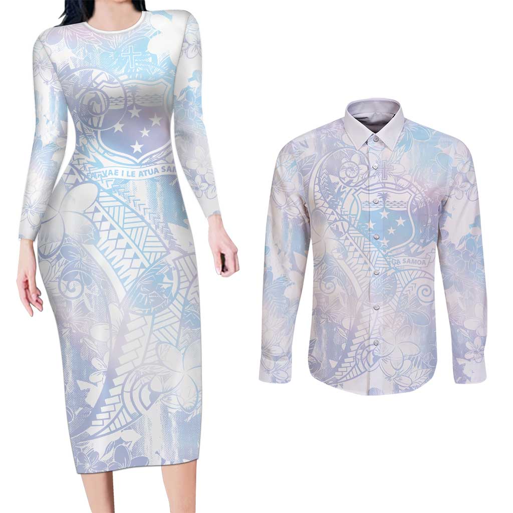 Samoa White Sunday Couples Matching Long Sleeve Bodycon Dress and Long Sleeve Button Shirt Sweet Pastel Plumeria Floral