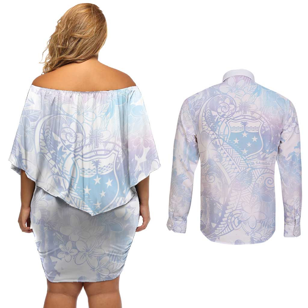 Samoa White Sunday Couples Matching Off Shoulder Short Dress and Long Sleeve Button Shirt Sweet Pastel Plumeria Floral