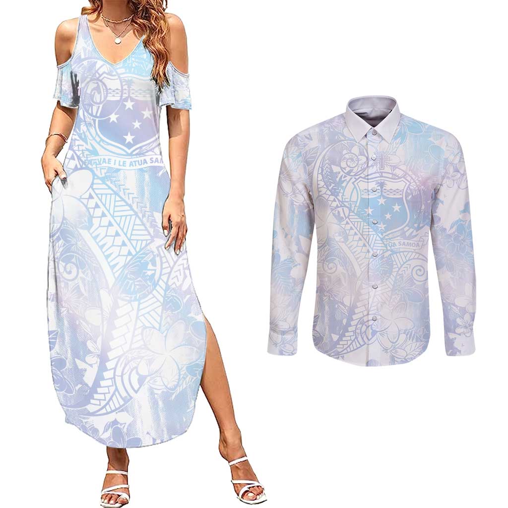 Samoa White Sunday Couples Matching Summer Maxi Dress and Long Sleeve Button Shirt Sweet Pastel Plumeria Floral