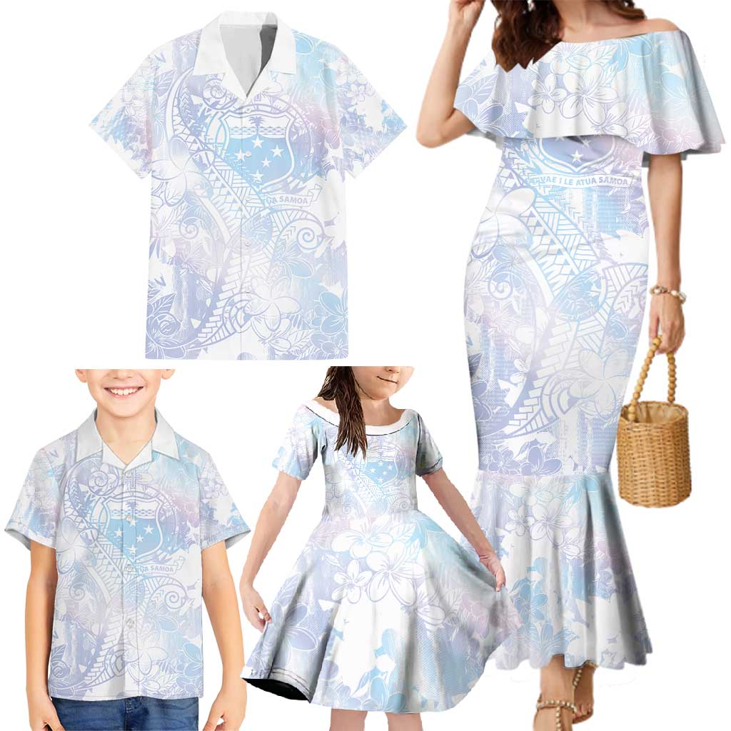 Samoa White Sunday Family Matching Mermaid Dress and Hawaiian Shirt Sweet Pastel Plumeria Floral