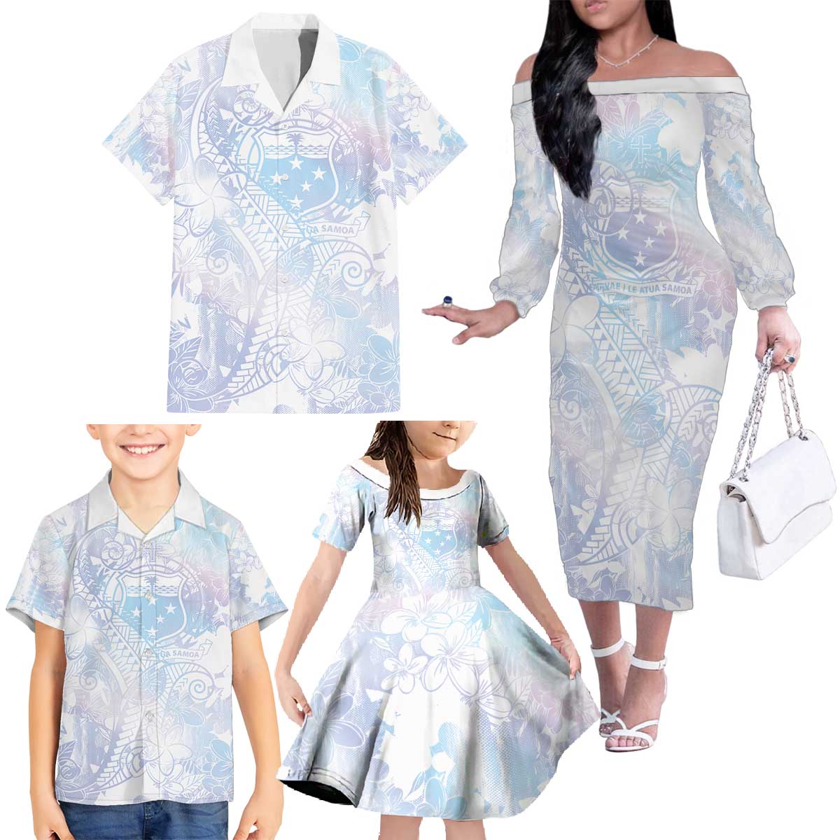 Samoa White Sunday Family Matching Off The Shoulder Long Sleeve Dress and Hawaiian Shirt Sweet Pastel Plumeria Floral