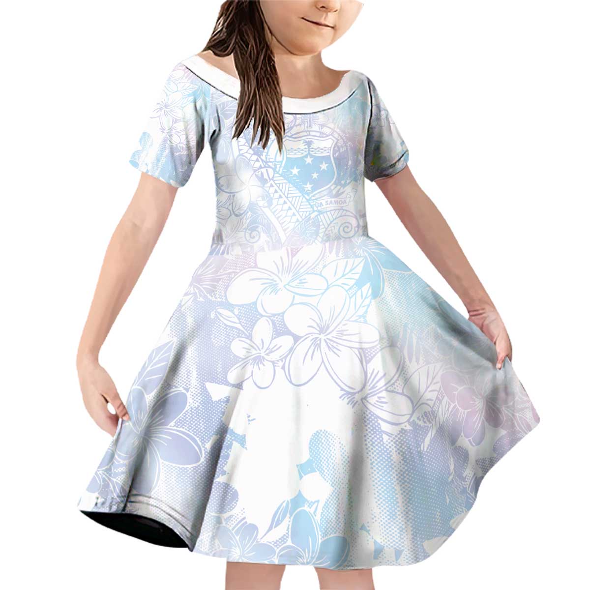 Samoa White Sunday Family Matching Off Shoulder Short Dress and Hawaiian Shirt Sweet Pastel Plumeria Floral