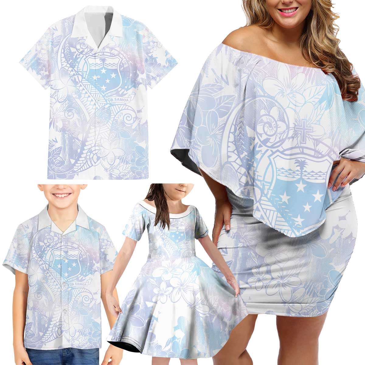 Samoa White Sunday Family Matching Off Shoulder Short Dress and Hawaiian Shirt Sweet Pastel Plumeria Floral