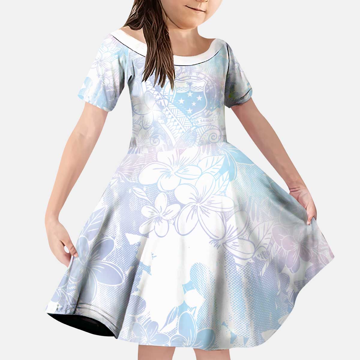 Samoa White Sunday Kid Short Sleeve Dress Sweet Pastel Plumeria Floral