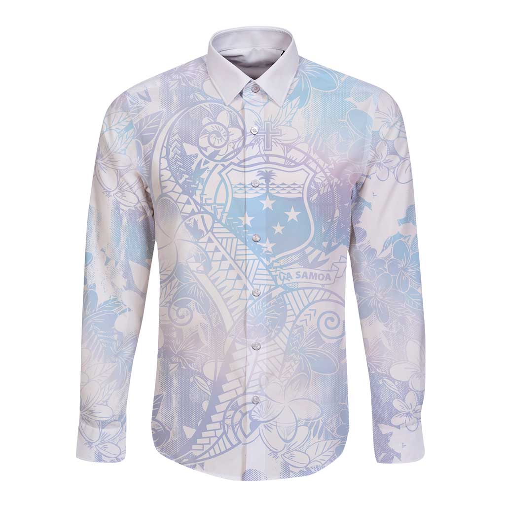 Samoa White Sunday Long Sleeve Button Shirt Sweet Pastel Plumeria Floral