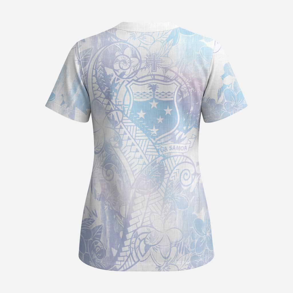 Samoa White Sunday Scrub Top Sweet Pastel Plumeria Floral - Polynesian Pride