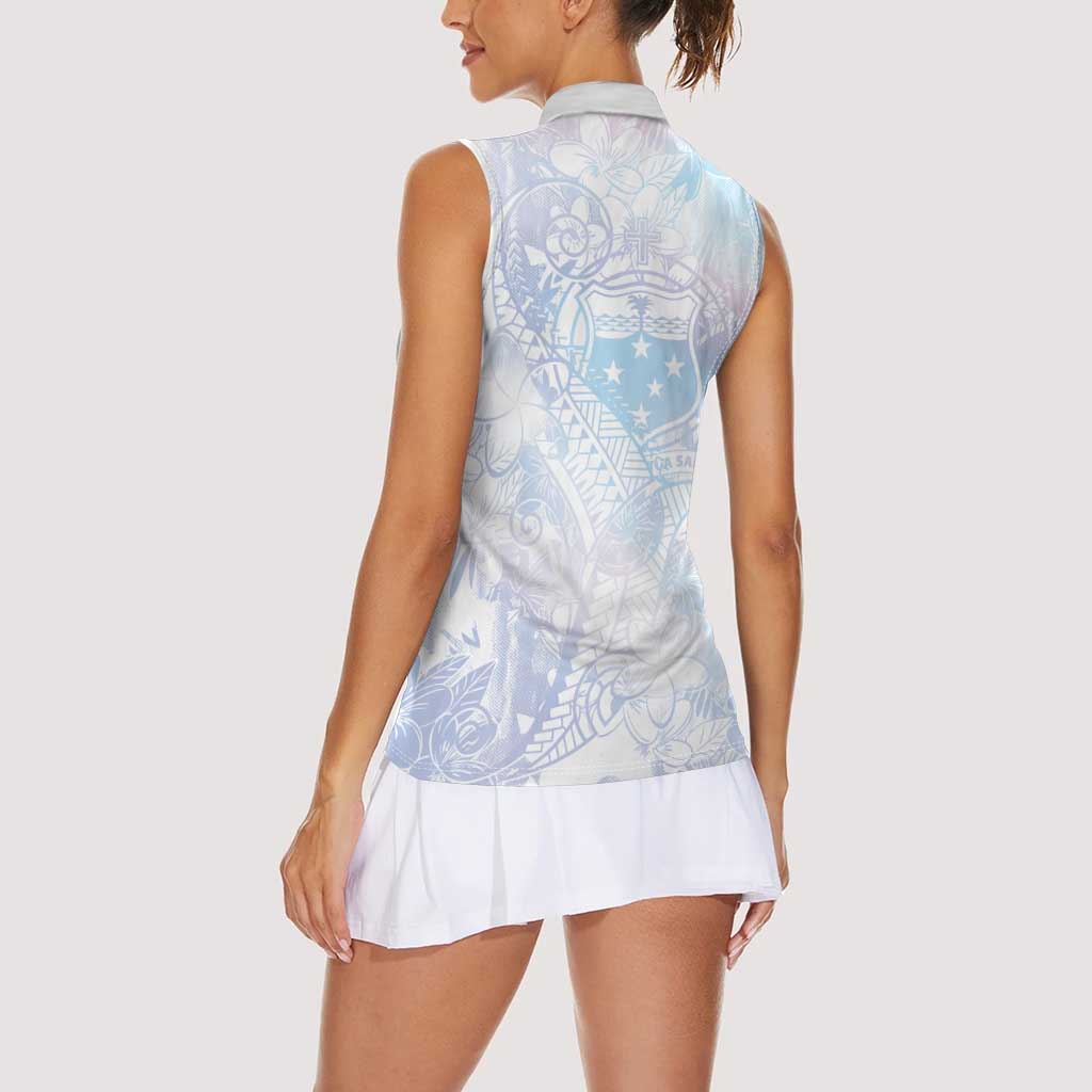 Samoa White Sunday Women Sleeveless Polo Shirt Sweet Pastel Plumeria Floral