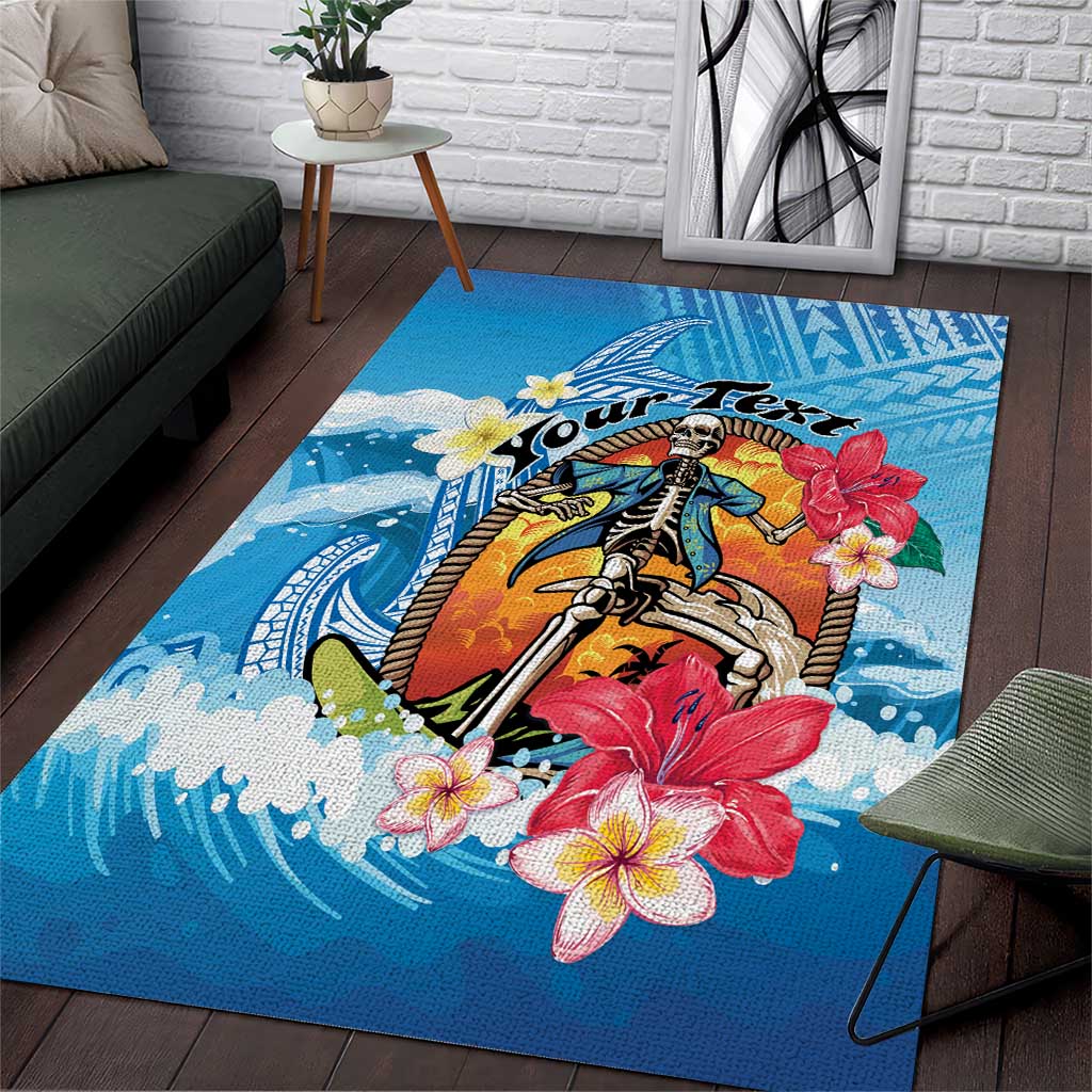 Personalized Aloha Hawaii Skeleton Surfing Area Rug Tribal Shark Plumeria