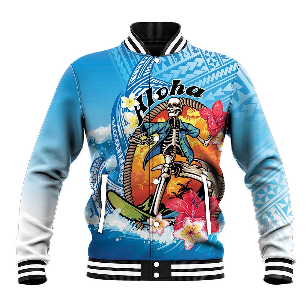 Personalized Aloha Hawaii Skeleton Surfing Baseball Jacket Tribal Shark Plumeria LT01 Unisex Blue - Polynesian Pride