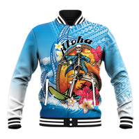 Personalized Aloha Hawaii Skeleton Surfing Baseball Jacket Tribal Shark Plumeria LT01 Unisex Blue - Polynesian Pride