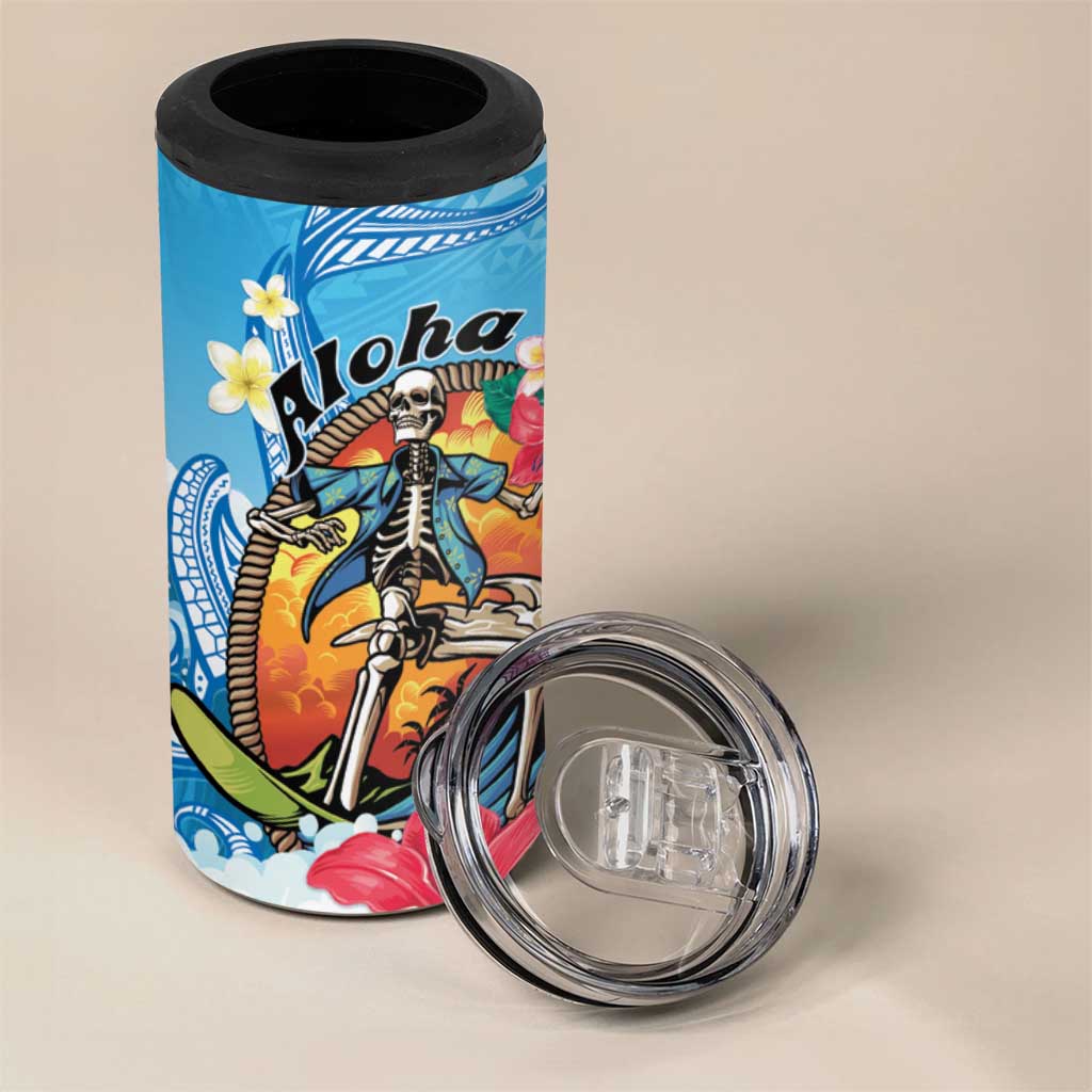 Personalized Aloha Hawaii Skeleton Surfing 4 in 1 Can Cooler Tumbler Tribal Shark Plumeria