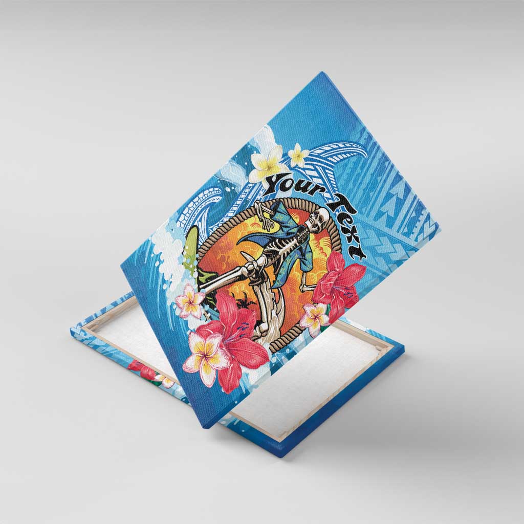 Personalized Aloha Hawaii Skeleton Surfing Canvas Wall Art Tribal Shark Plumeria LT01 With Frame Blue - Polynesian Pride