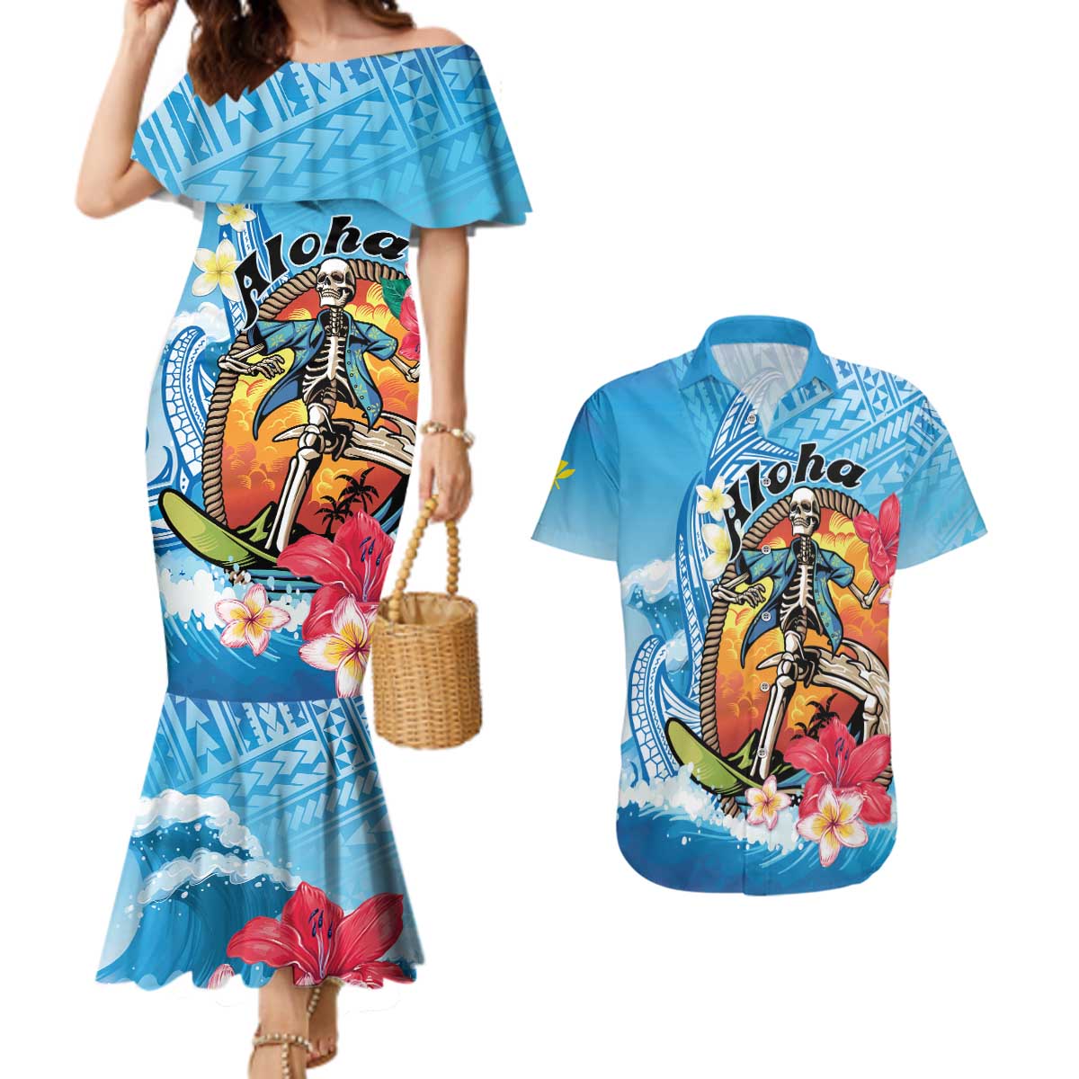 Personalized Aloha Hawaii Skeleton Surfing Couples Matching Mermaid Dress and Hawaiian Shirt Tribal Shark Plumeria