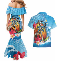 Personalized Aloha Hawaii Skeleton Surfing Couples Matching Mermaid Dress and Hawaiian Shirt Tribal Shark Plumeria