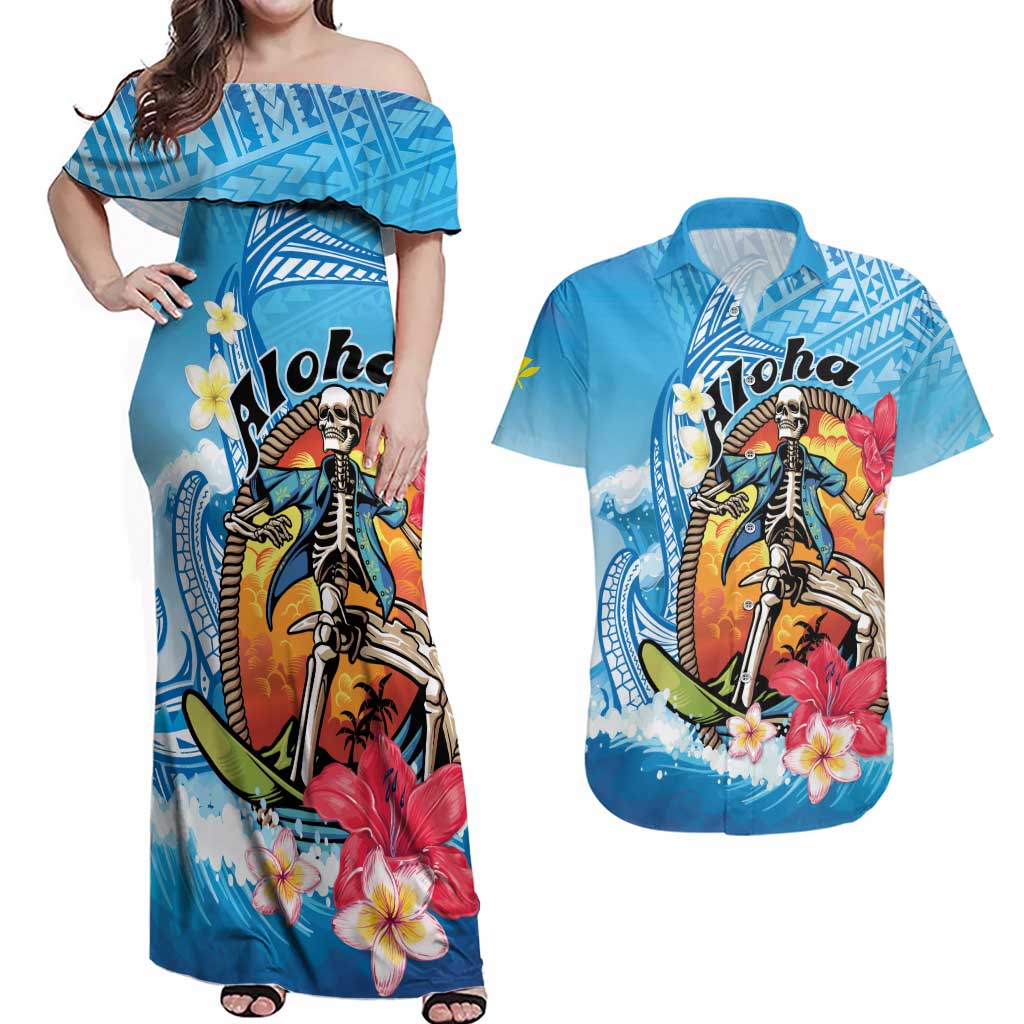 Personalized Aloha Hawaii Skeleton Surfing Couples Matching Off Shoulder Maxi Dress and Hawaiian Shirt Tribal Shark Plumeria