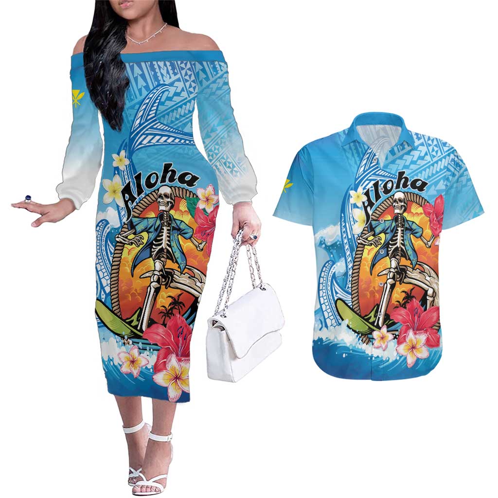 Personalized Aloha Hawaii Skeleton Surfing Couples Matching Off The Shoulder Long Sleeve Dress and Hawaiian Shirt Tribal Shark Plumeria