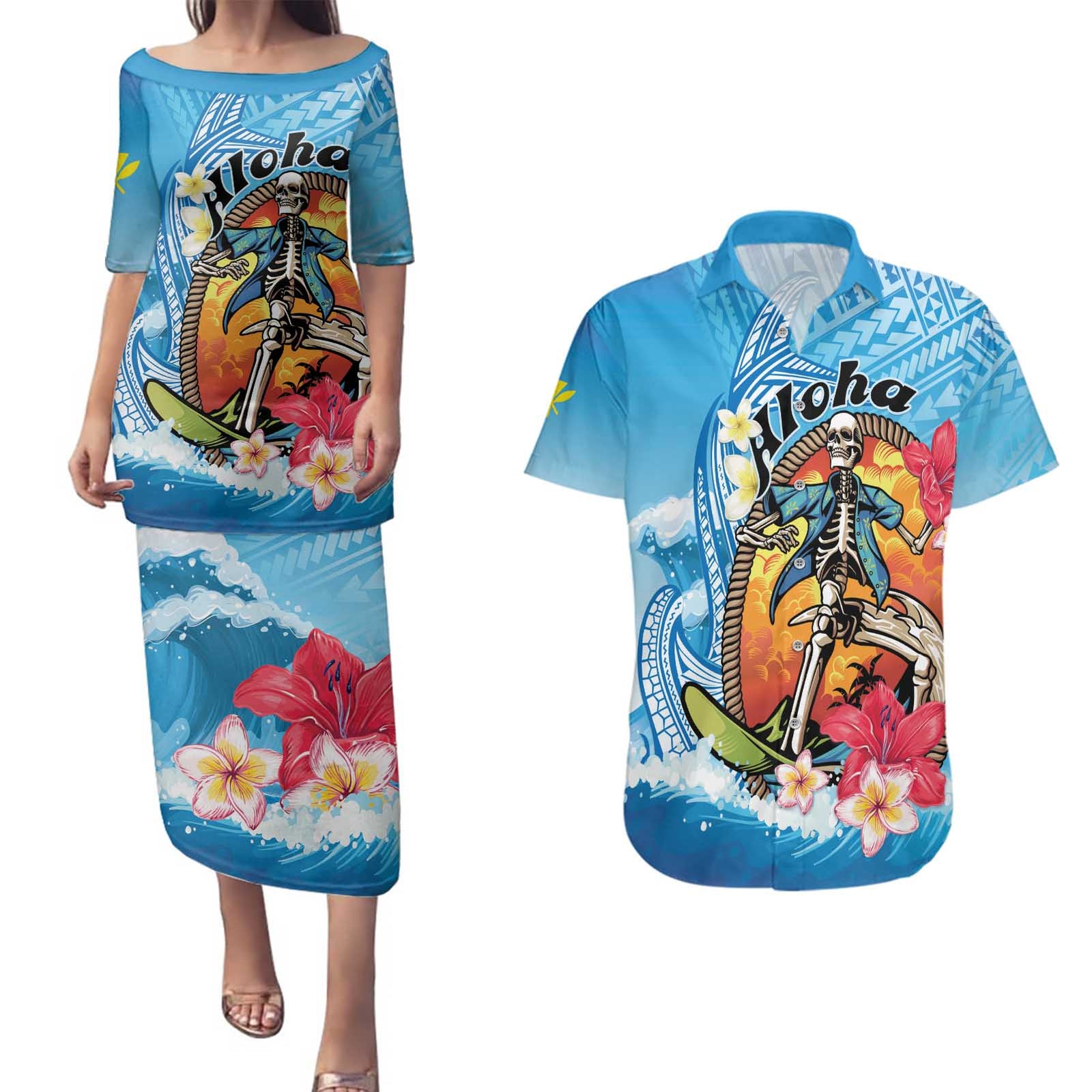 Personalized Aloha Hawaii Skeleton Surfing Couples Matching Puletasi and Hawaiian Shirt Tribal Shark Plumeria LT01 Blue - Polynesian Pride