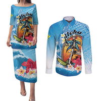Personalized Aloha Hawaii Skeleton Surfing Couples Matching Puletasi and Long Sleeve Button Shirt Tribal Shark Plumeria LT01 Blue - Polynesian Pride