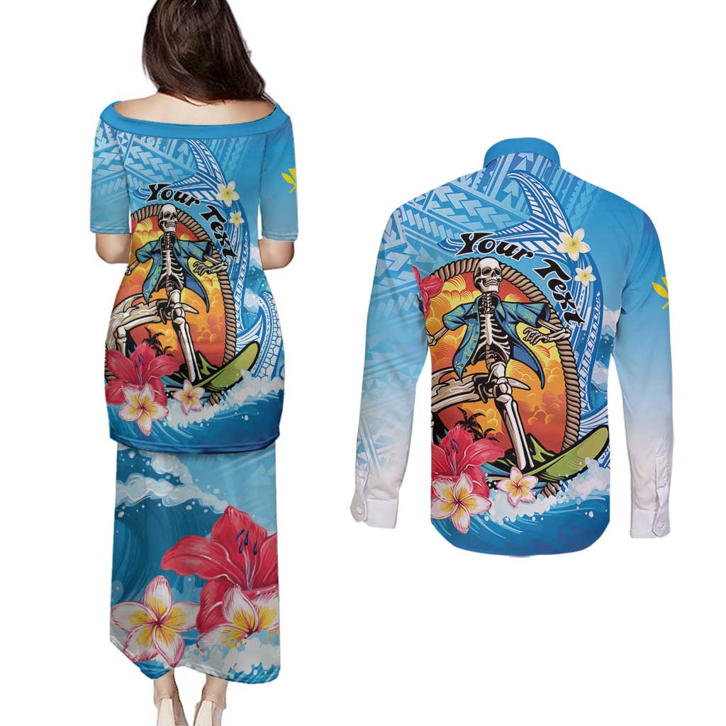 Personalized Aloha Hawaii Skeleton Surfing Couples Matching Puletasi and Long Sleeve Button Shirt Tribal Shark Plumeria LT01 - Polynesian Pride