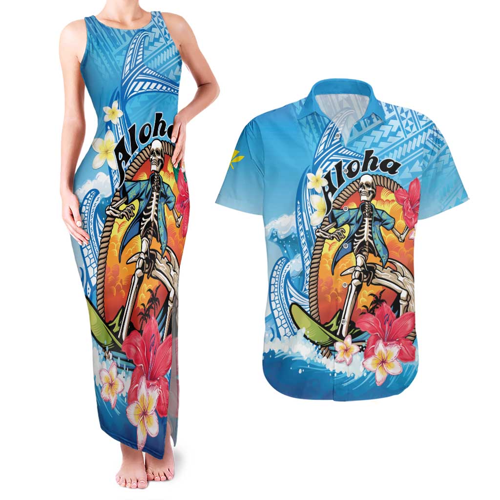 Personalized Aloha Hawaii Skeleton Surfing Couples Matching Tank Maxi Dress and Hawaiian Shirt Tribal Shark Plumeria LT01 Blue - Polynesian Pride
