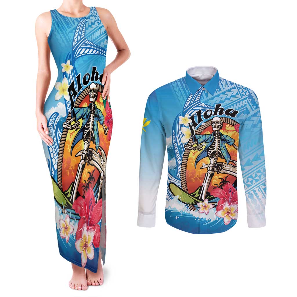 Personalized Aloha Hawaii Skeleton Surfing Couples Matching Tank Maxi Dress and Long Sleeve Button Shirt Tribal Shark Plumeria LT01 Blue - Polynesian Pride