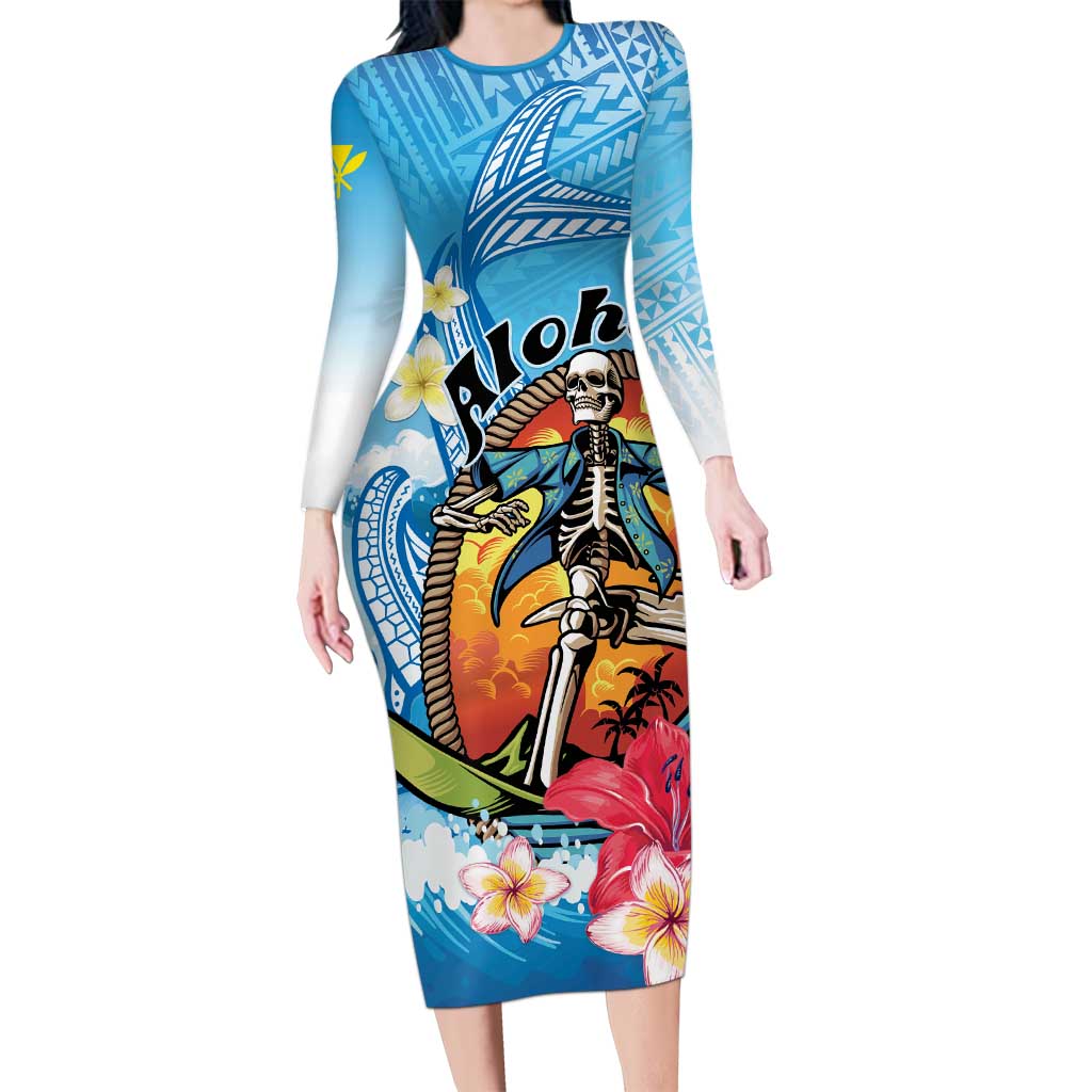 Personalized Aloha Hawaii Skeleton Surfing Family Matching Long Sleeve Bodycon Dress and Hawaiian Shirt Tribal Shark Plumeria