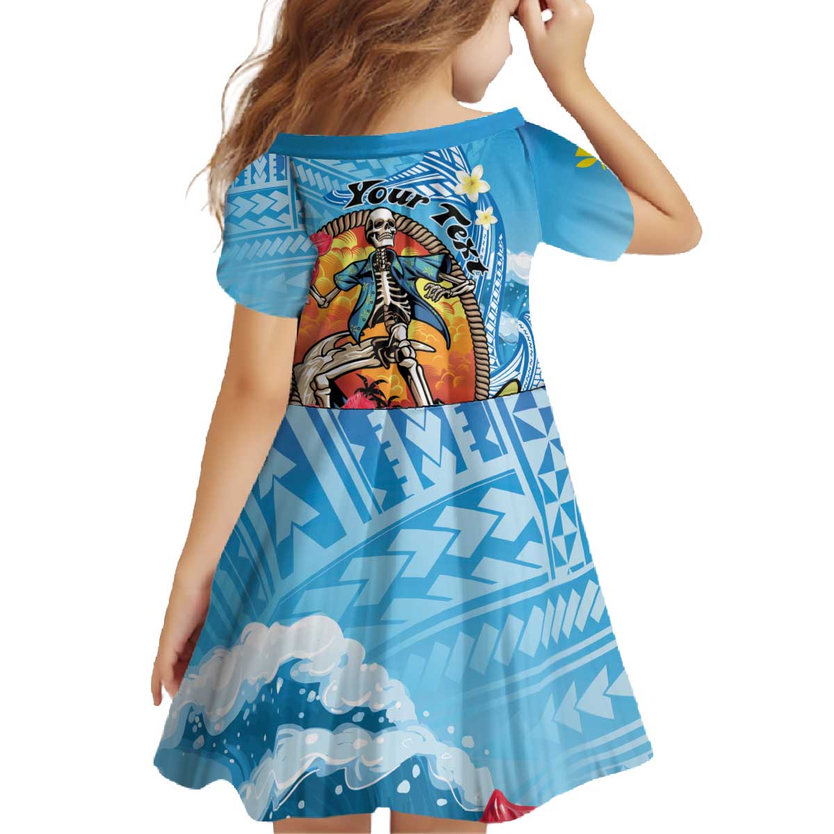 Personalized Aloha Hawaii Skeleton Surfing Family Matching Off The Shoulder Long Sleeve Dress and Hawaiian Shirt Tribal Shark Plumeria