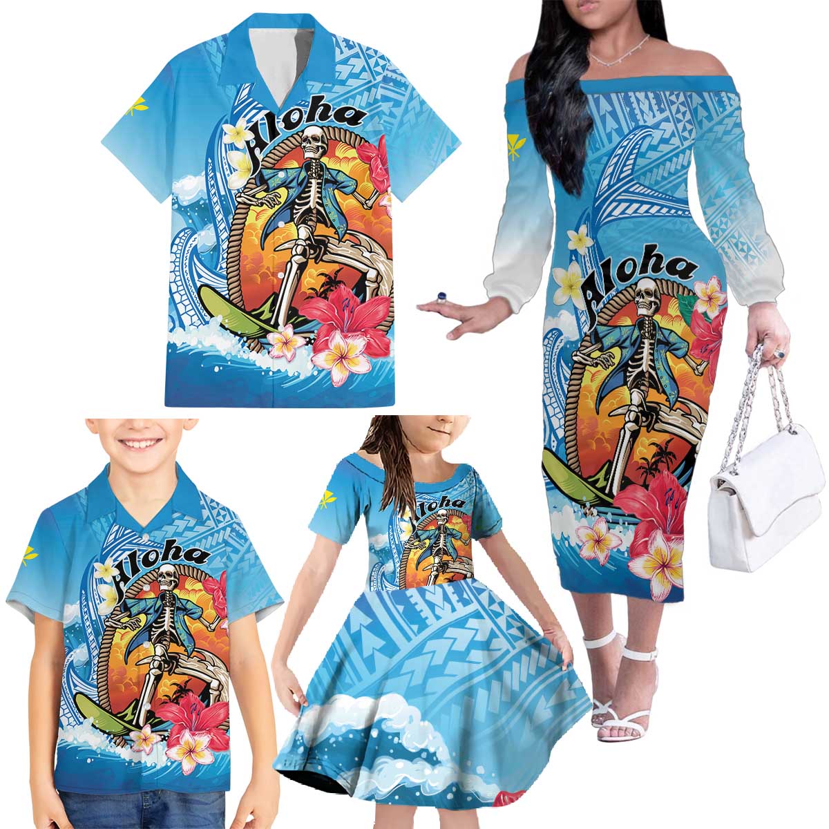 Personalized Aloha Hawaii Skeleton Surfing Family Matching Off The Shoulder Long Sleeve Dress and Hawaiian Shirt Tribal Shark Plumeria