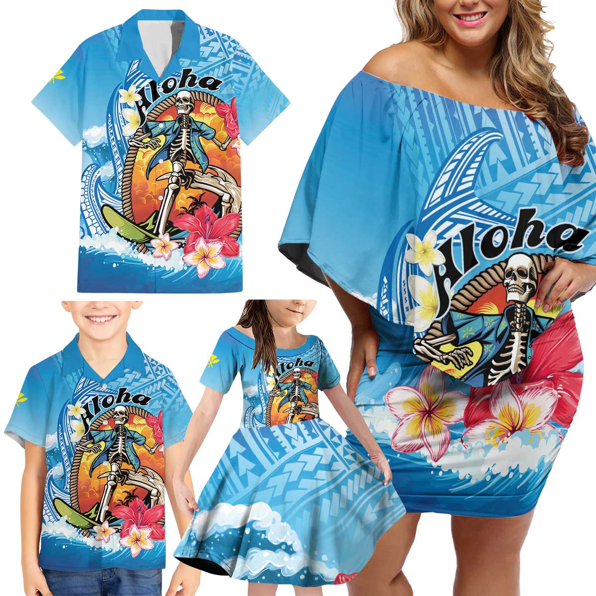 Personalized Aloha Hawaii Skeleton Surfing Family Matching Off Shoulder Short Dress and Hawaiian Shirt Tribal Shark Plumeria