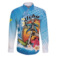 Personalized Aloha Hawaii Skeleton Surfing Family Matching Off Shoulder Short Dress and Hawaiian Shirt Tribal Shark Plumeria LT01 Dad's Shirt - Long Sleeve Blue - Polynesian Pride