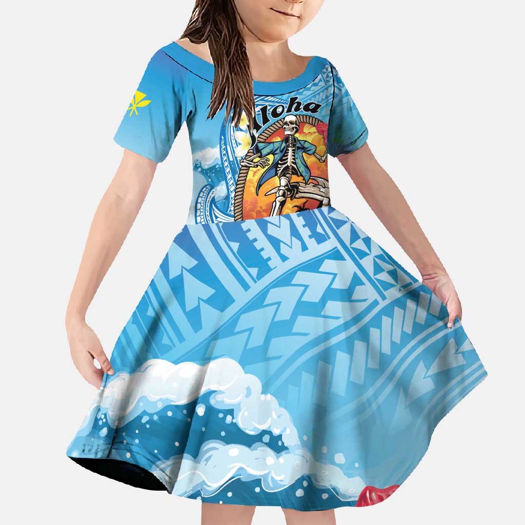 Personalized Aloha Hawaii Skeleton Surfing Family Matching Summer Maxi Dress and Hawaiian Shirt Tribal Shark Plumeria