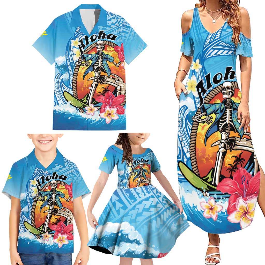 Personalized Aloha Hawaii Skeleton Surfing Family Matching Summer Maxi Dress and Hawaiian Shirt Tribal Shark Plumeria LT01 - Polynesian Pride